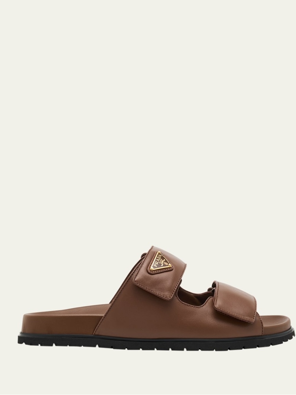 Women’s Luxury Prada Brown Leather Dual-Strap Slide Sandal with Gold Logo - Picture 5 of 14